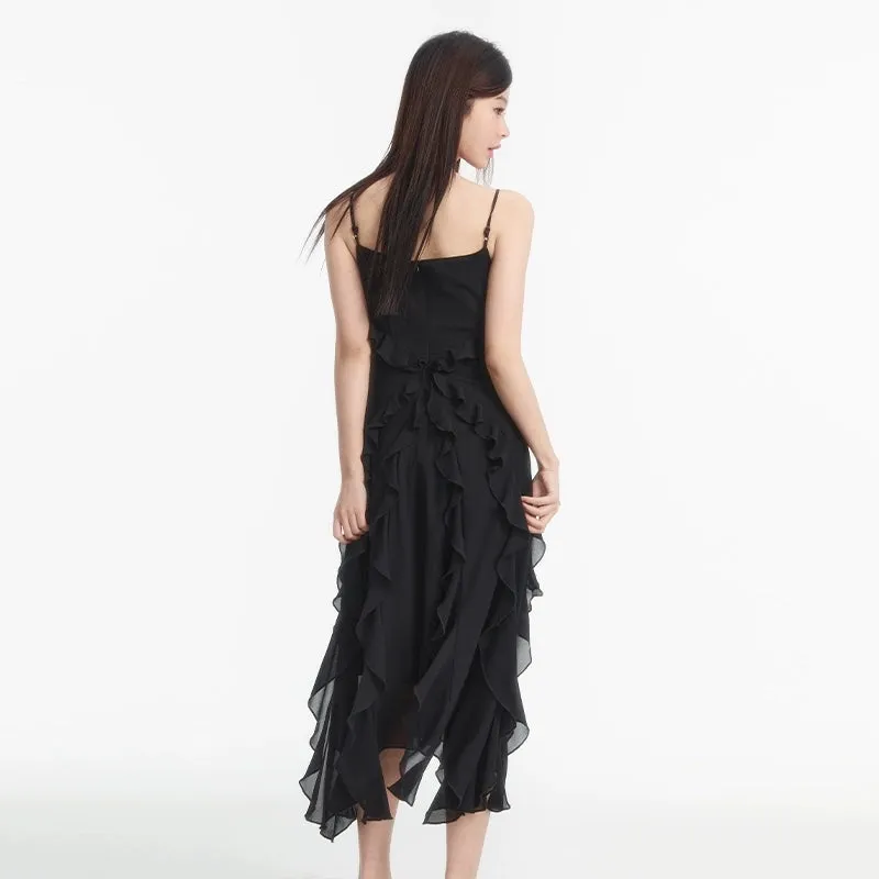 Asymmetrical Ruffle Hem Midi Dress with Spaghetti Straps