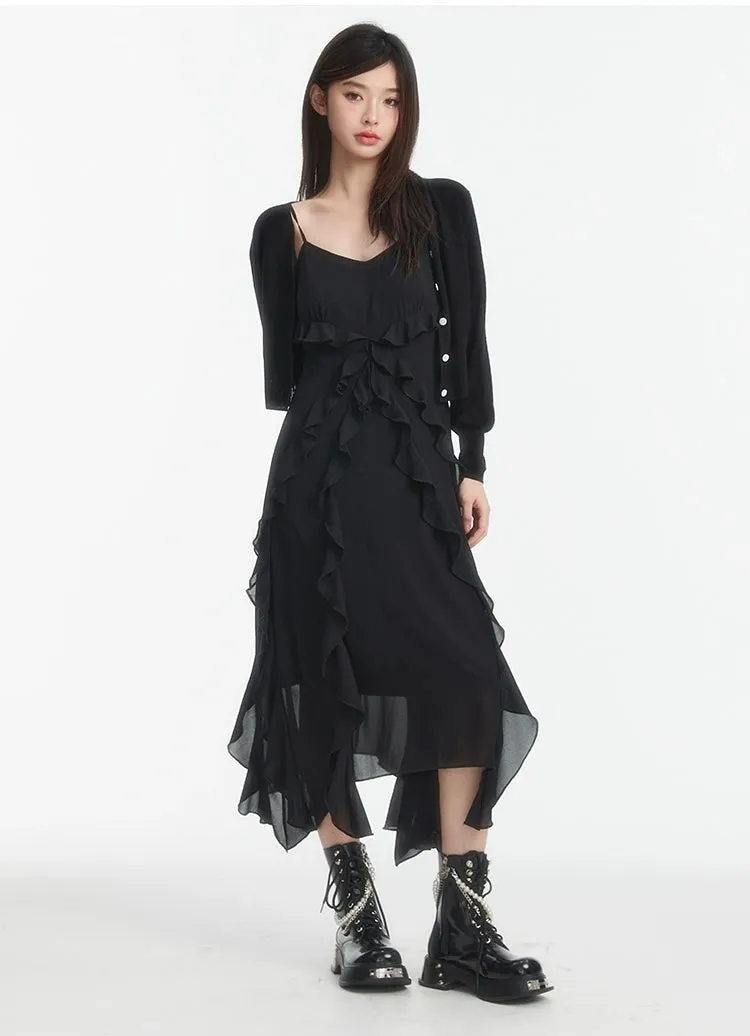 Asymmetrical Ruffle Hem Midi Dress with Spaghetti Straps