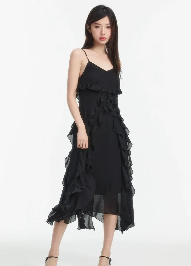 Asymmetrical Ruffle Hem Midi Dress with Spaghetti Straps