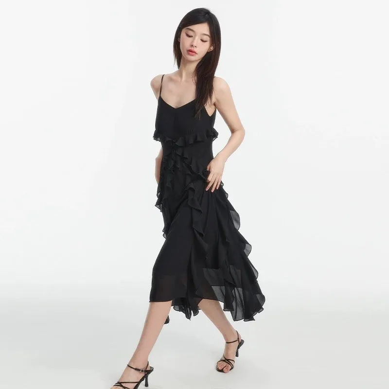 Asymmetrical Ruffle Hem Midi Dress with Spaghetti Straps