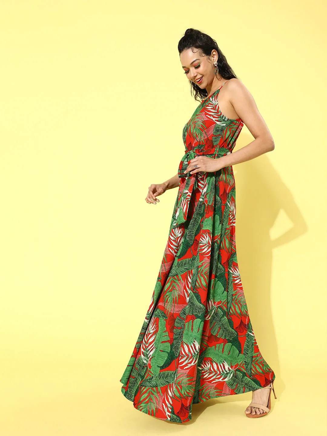 Berrylush Women Green & Red Tropical Printed Round-Neck Thigh-Slit Maxi Dress