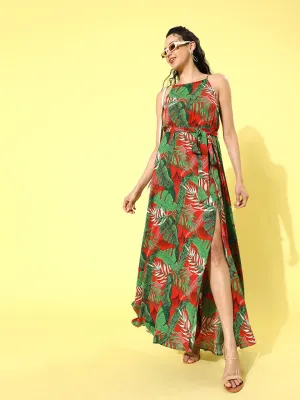 Berrylush Women Green & Red Tropical Printed Round-Neck Thigh-Slit Maxi Dress