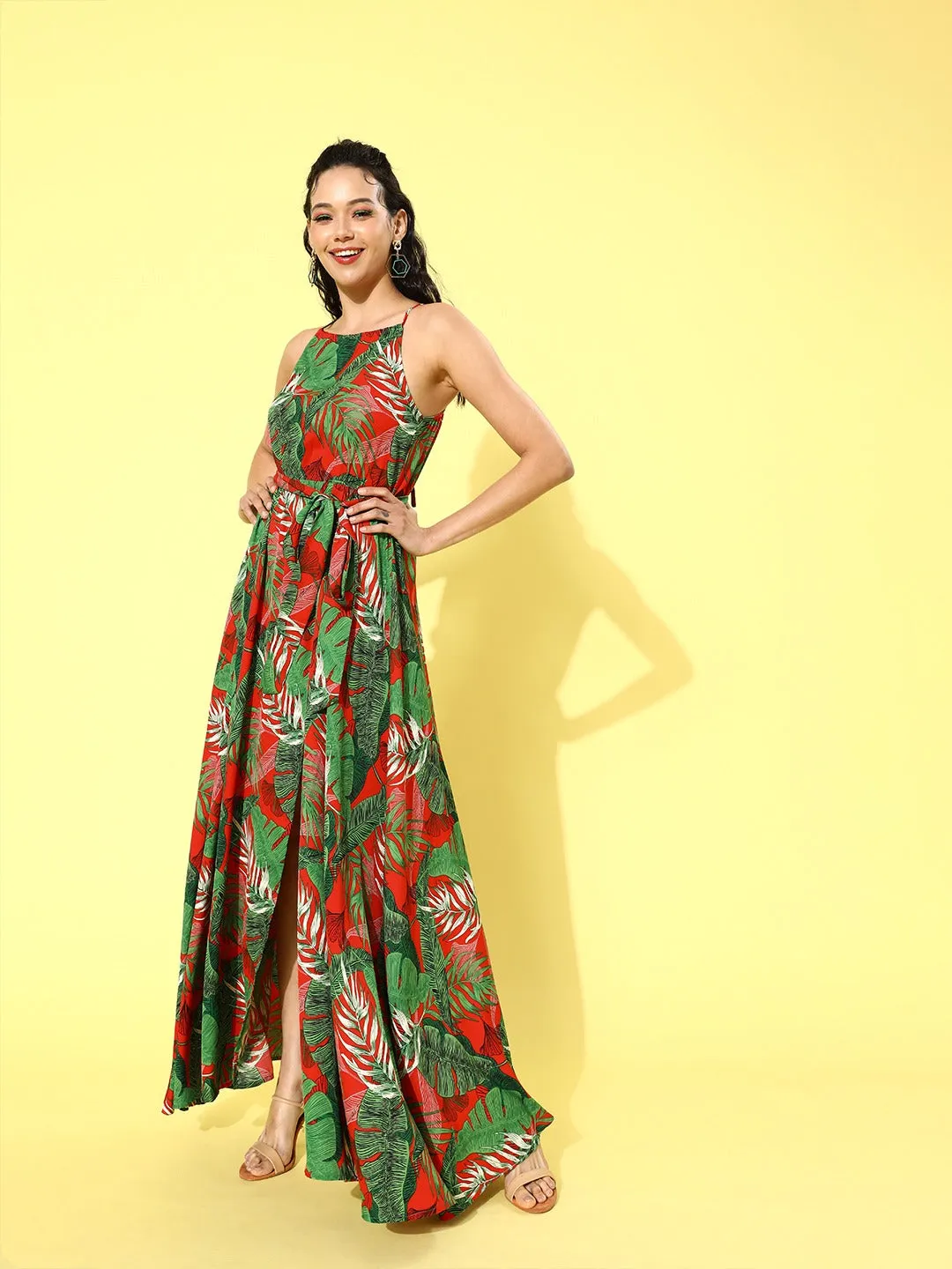 Berrylush Women Green & Red Tropical Printed Round-Neck Thigh-Slit Maxi Dress