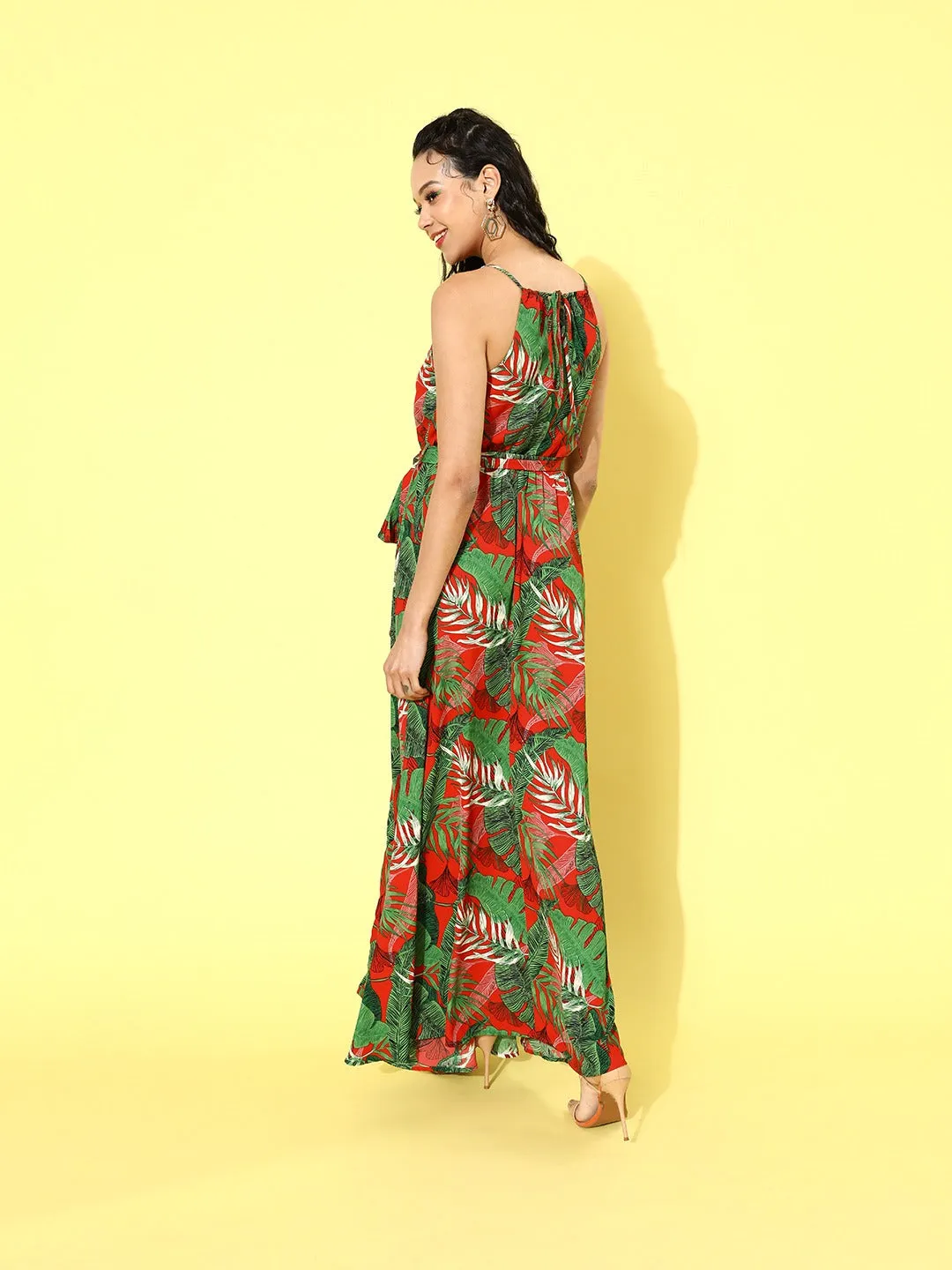 Berrylush Women Green & Red Tropical Printed Round-Neck Thigh-Slit Maxi Dress