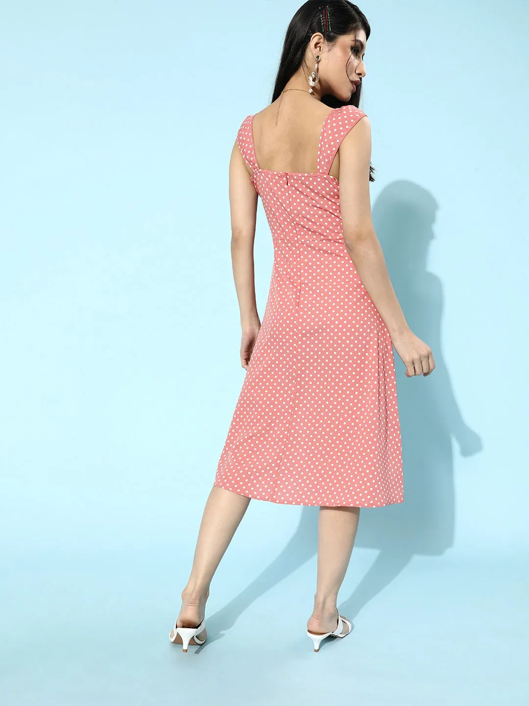 Berrylush Women Pink Polka Dot Printed Sweetheart Neck A-Line Midi Dress