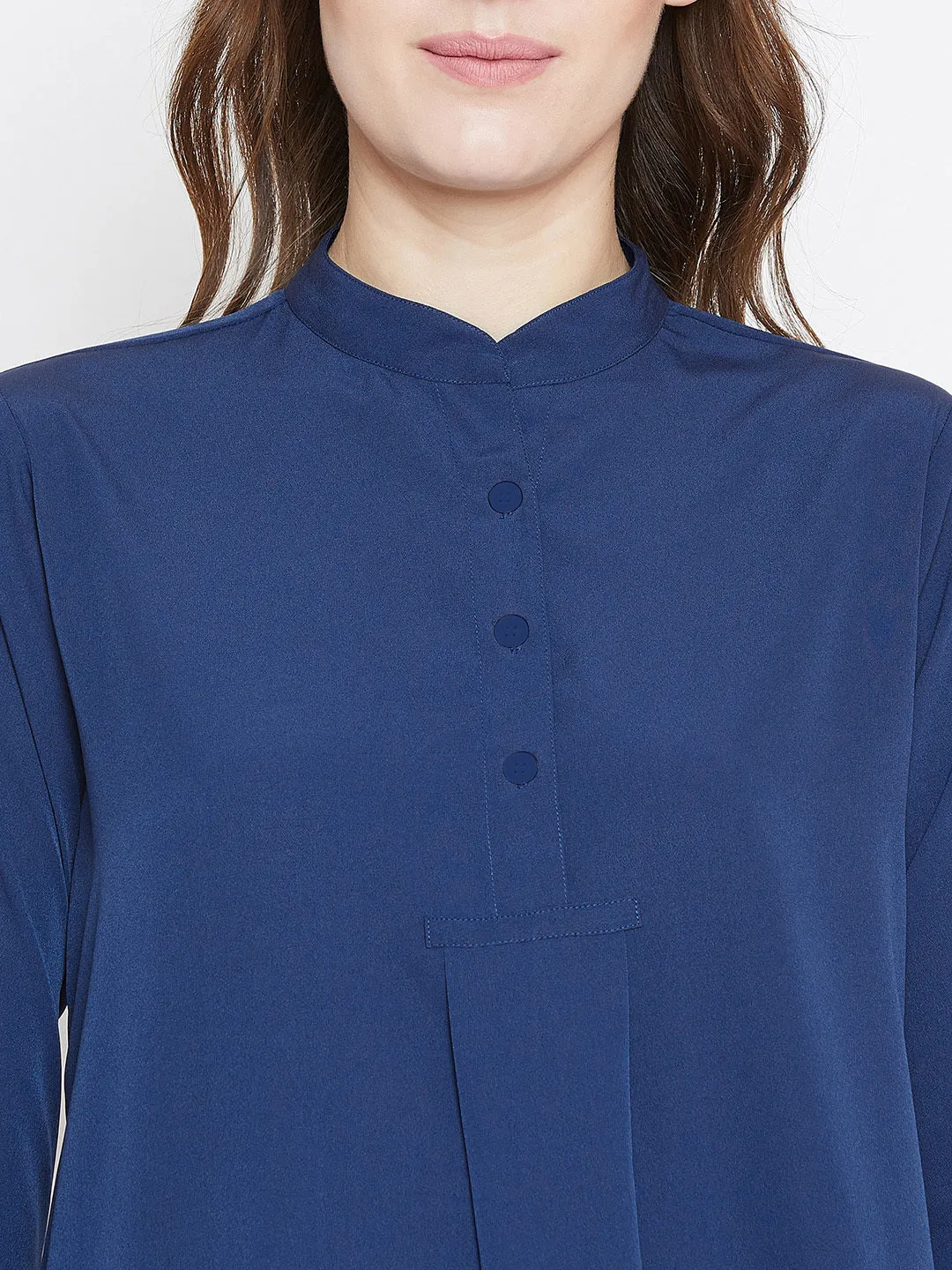 Berrylush Women Solid Blue Mandarin Collar High-Low Longline Top