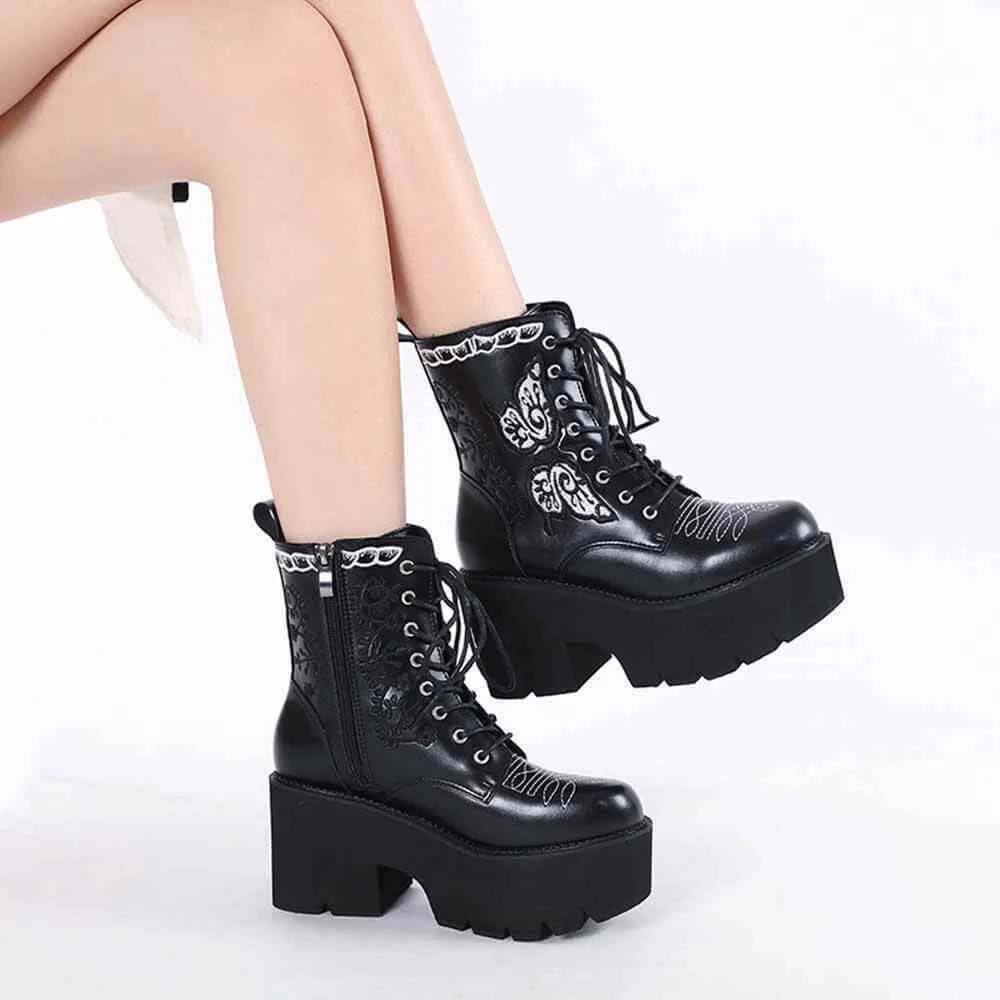 Black Butterfly Embroidered Block Heel Martin Boots