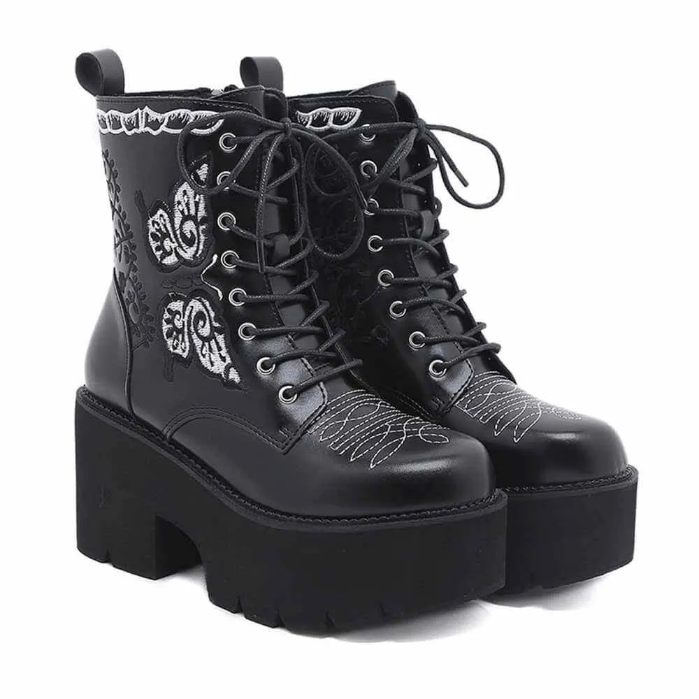 Black Butterfly Embroidered Block Heel Martin Boots