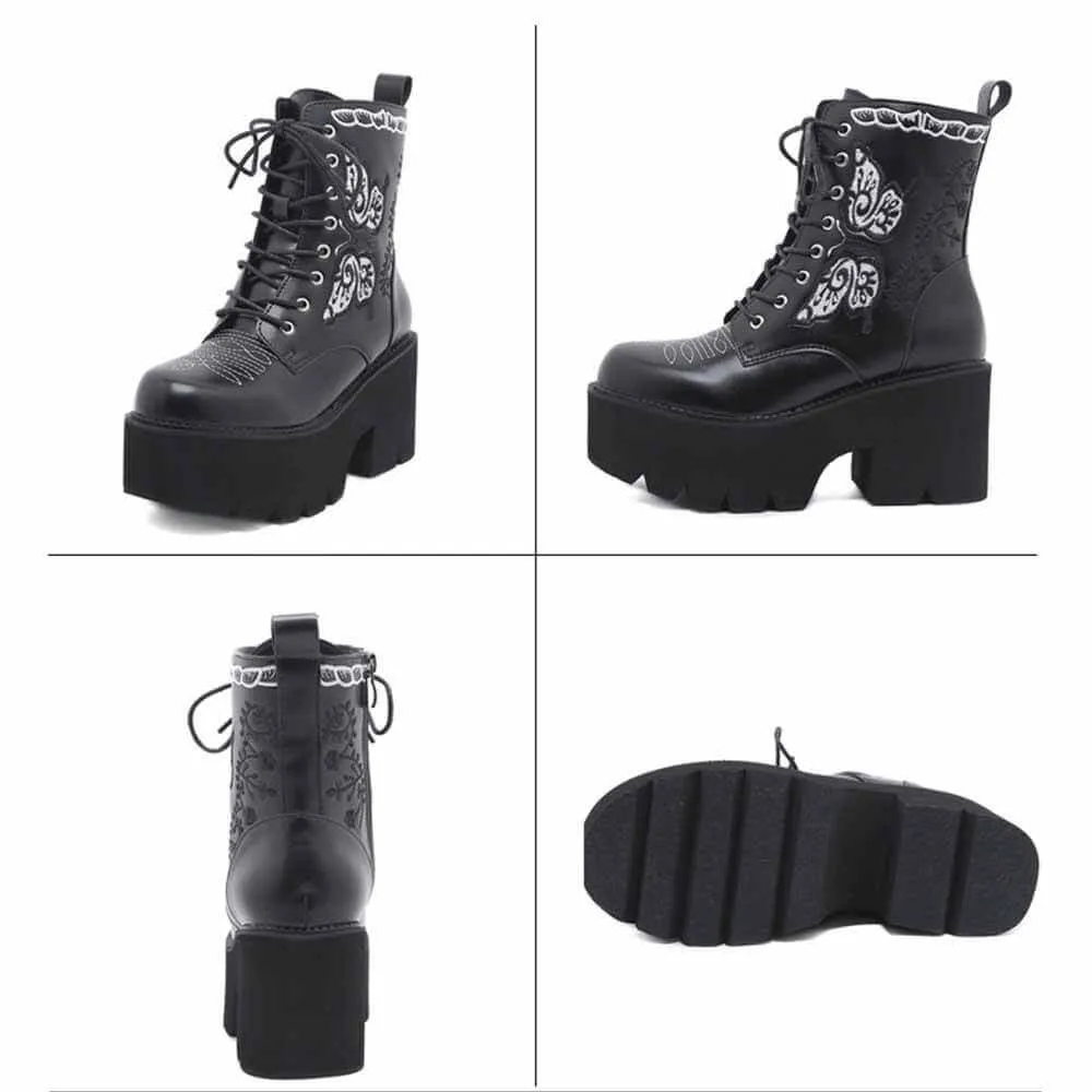 Black Butterfly Embroidered Block Heel Martin Boots