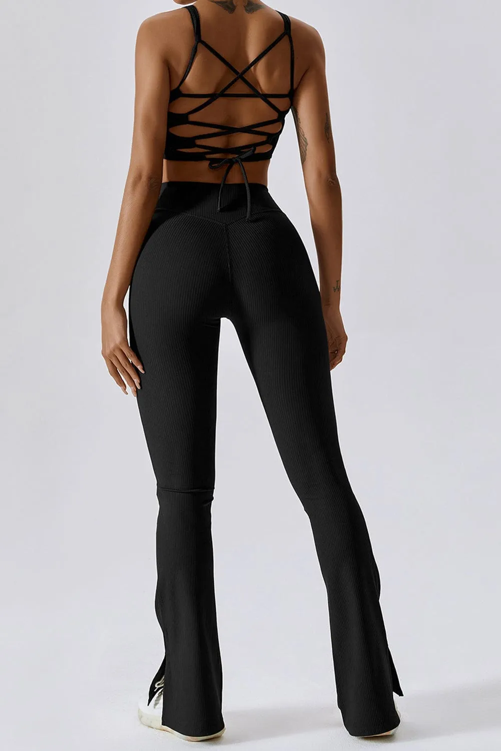 Black Ribbed U Neck Tank Top and Flared Leggings Set