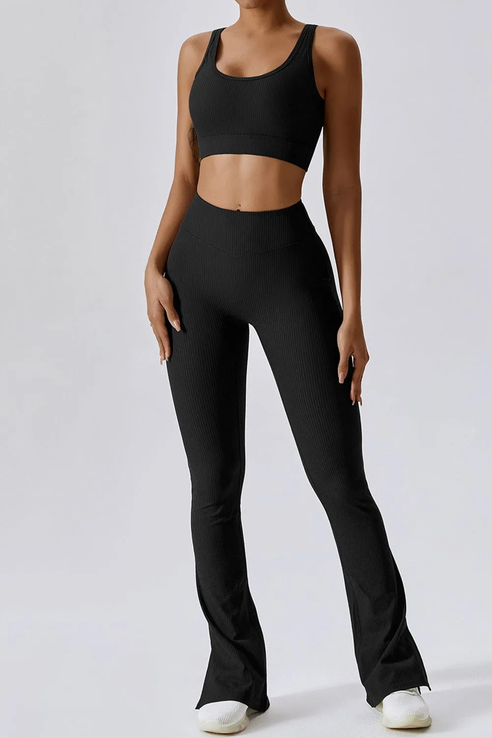 Black Ribbed U Neck Tank Top and Flared Leggings Set