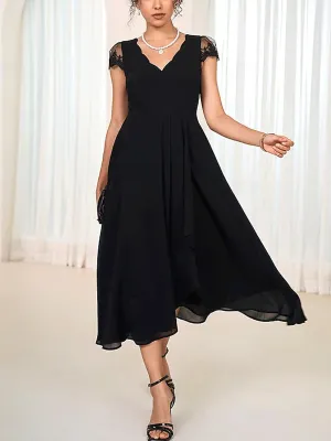 Black V Neck Chiffon Short Sleeve Midi Dress