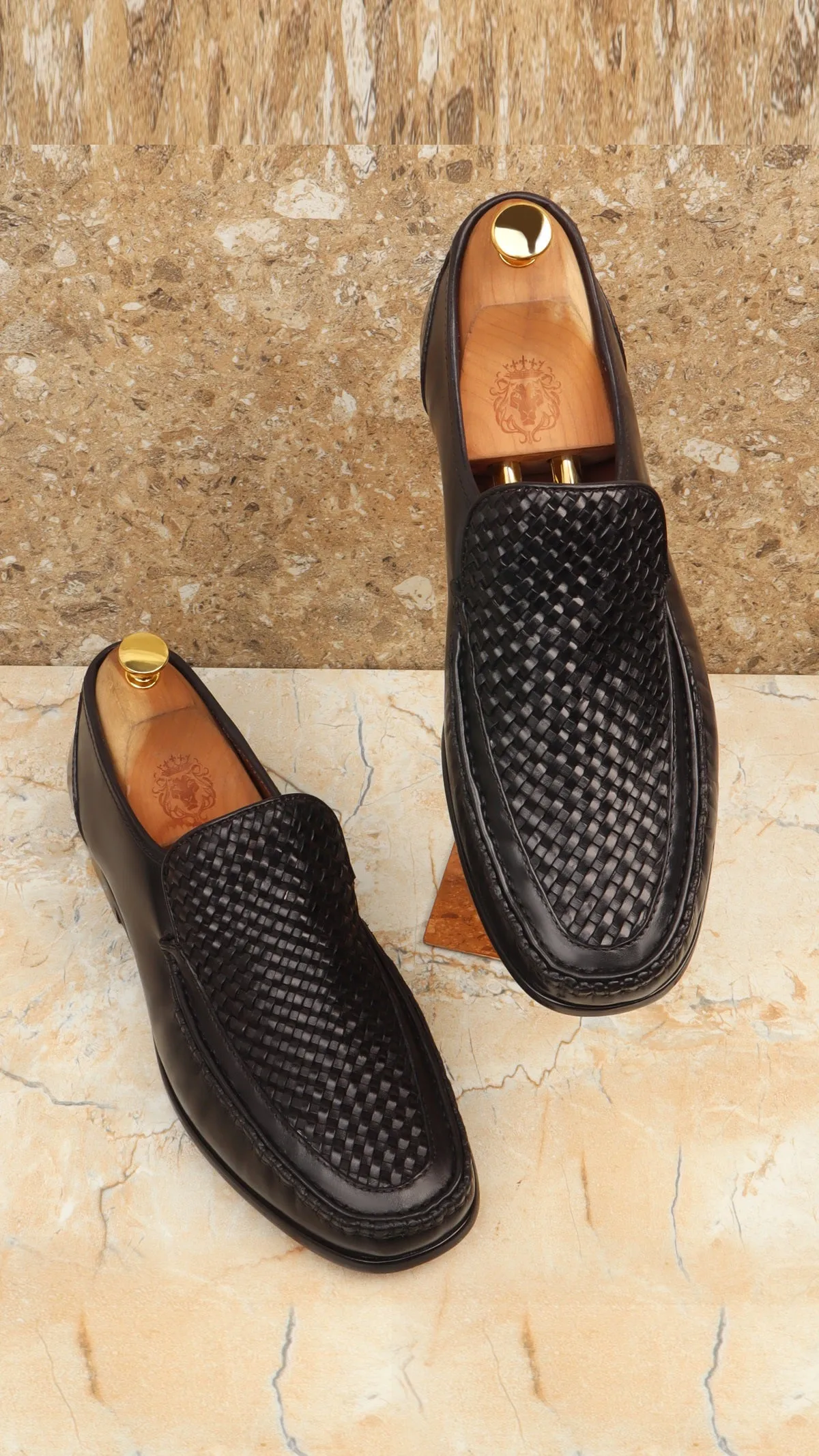 Black Weaved Vamp Leather Loafers For Men