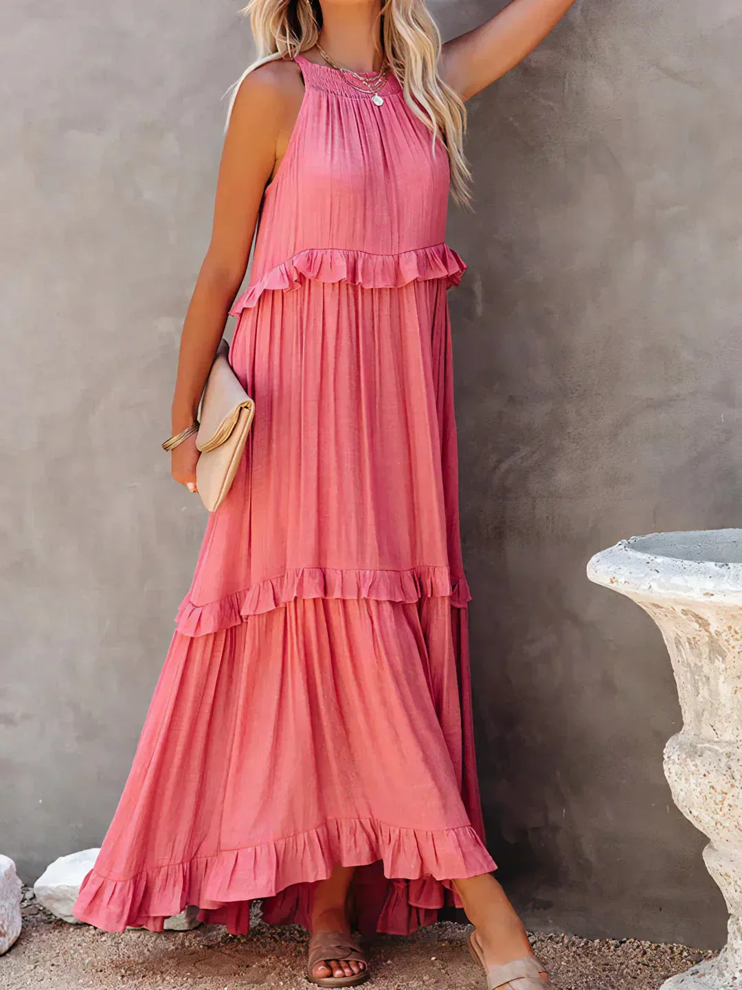 Charlize™ - Sunshine Breeze Halter Ruffle Maxi Dress