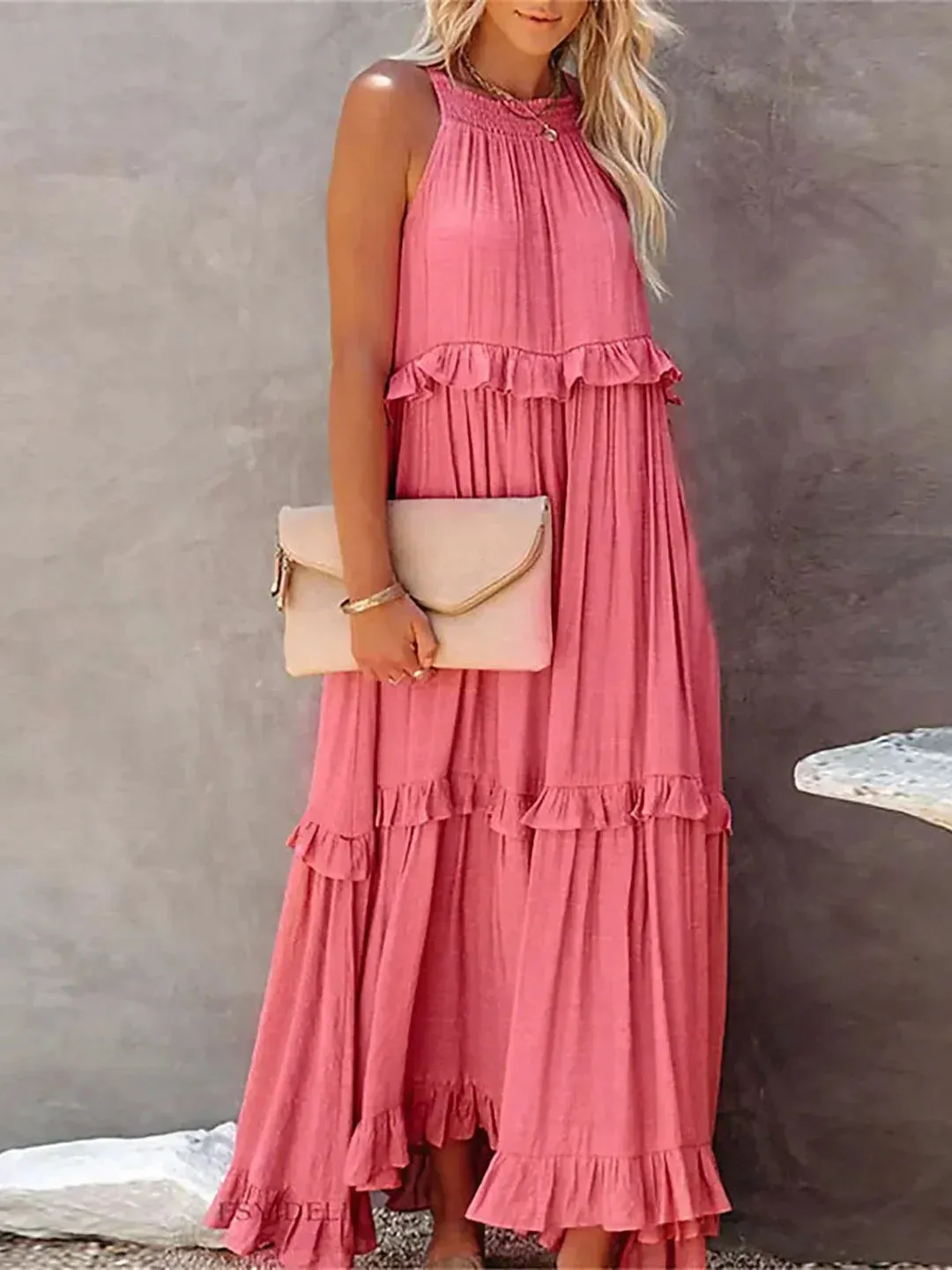 Charlize™ - Sunshine Breeze Halter Ruffle Maxi Dress