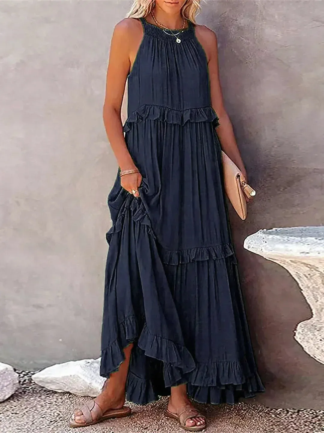 Charlize™ - Sunshine Breeze Halter Ruffle Maxi Dress