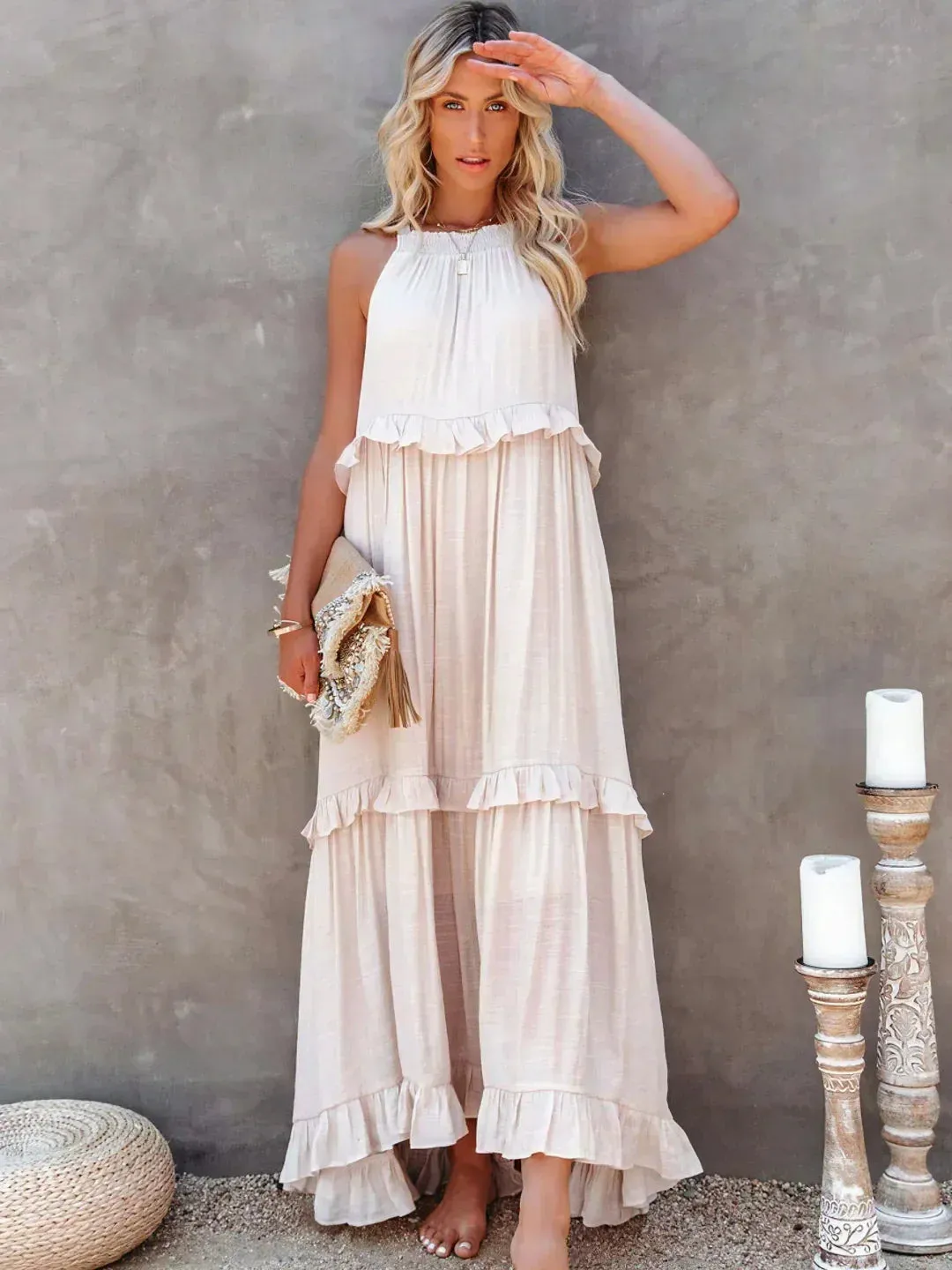 Charlize™ - Sunshine Breeze Halter Ruffle Maxi Dress