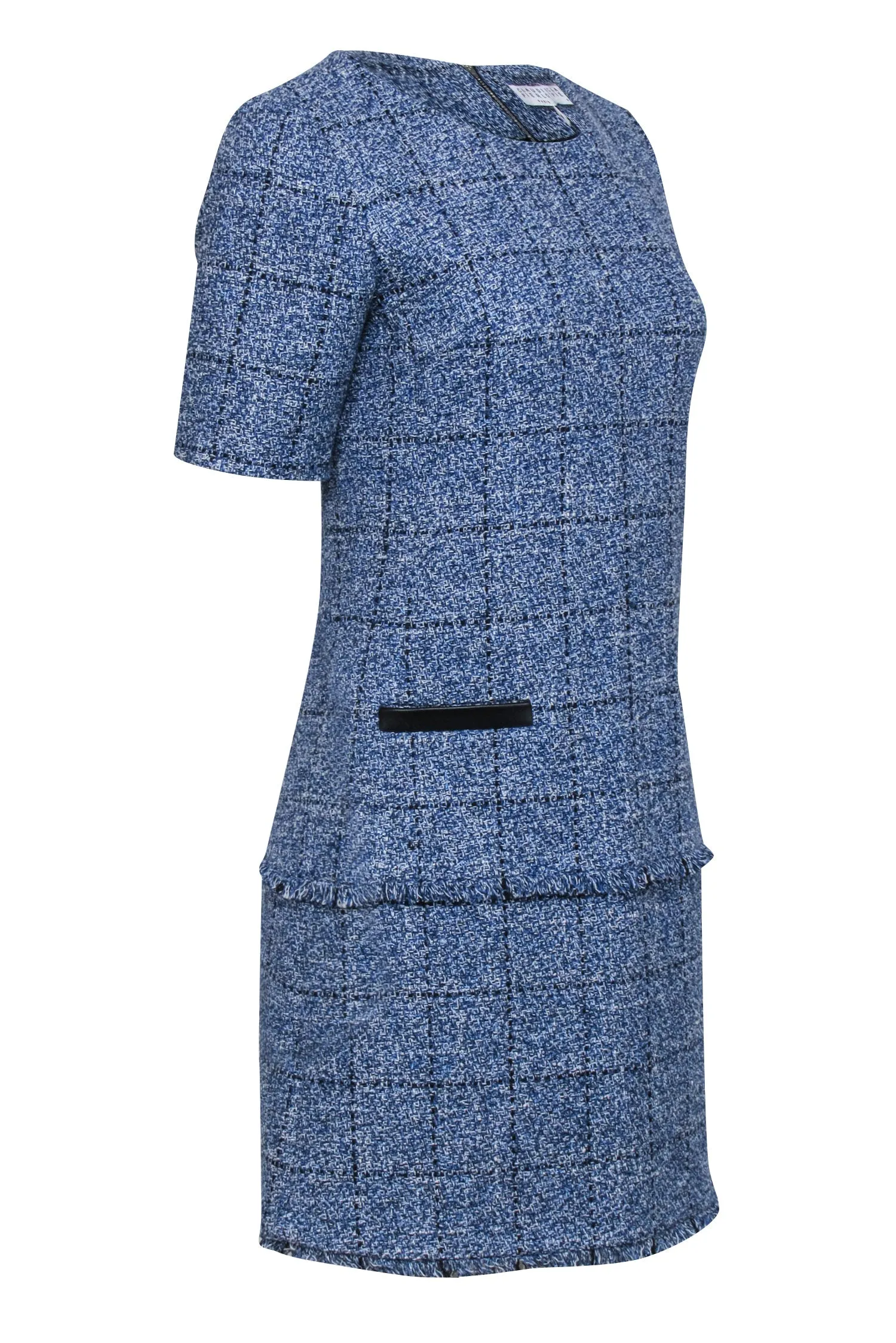 Claudie Pierlot - Blue & White Tweed Shift Dress w/ Fringe Trim Sz 6