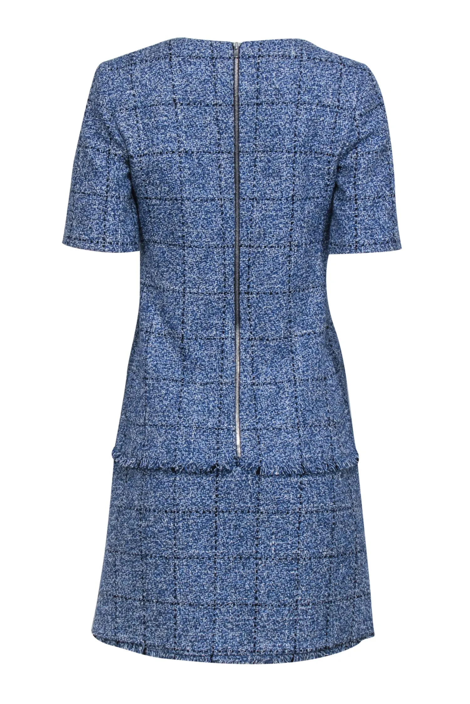 Claudie Pierlot - Blue & White Tweed Shift Dress w/ Fringe Trim Sz 6