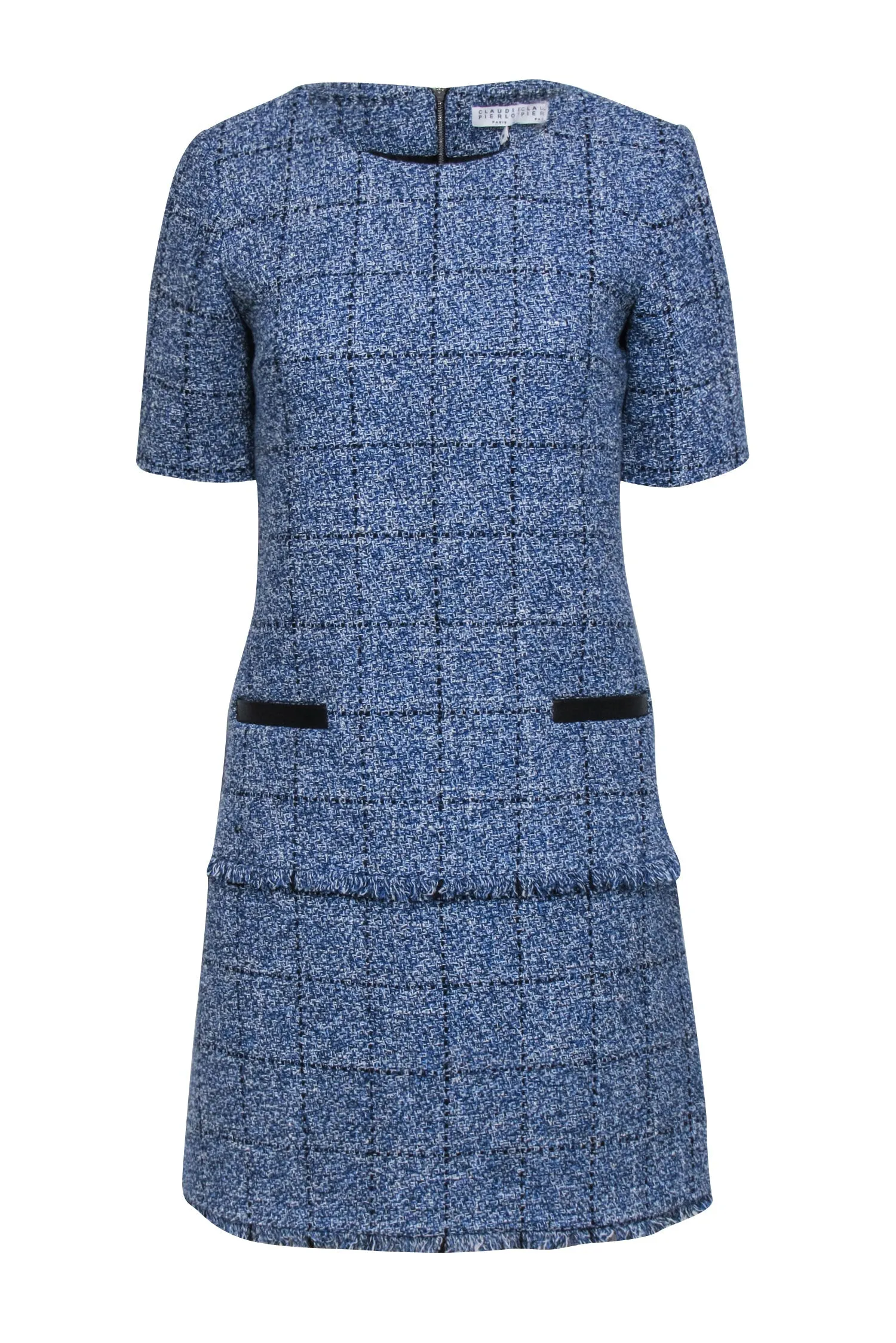 Claudie Pierlot - Blue & White Tweed Shift Dress w/ Fringe Trim Sz 6