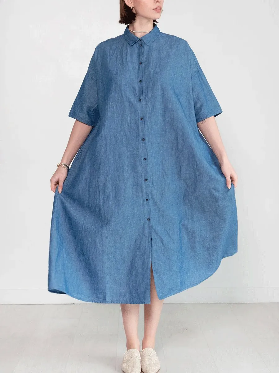 Cotton and linen blue long shirt dress