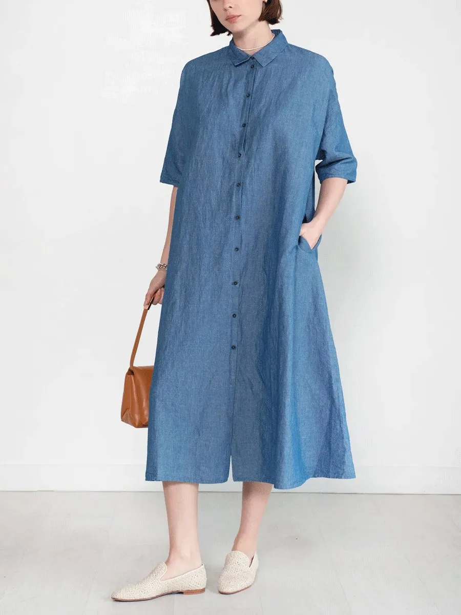 Cotton and linen blue long shirt dress