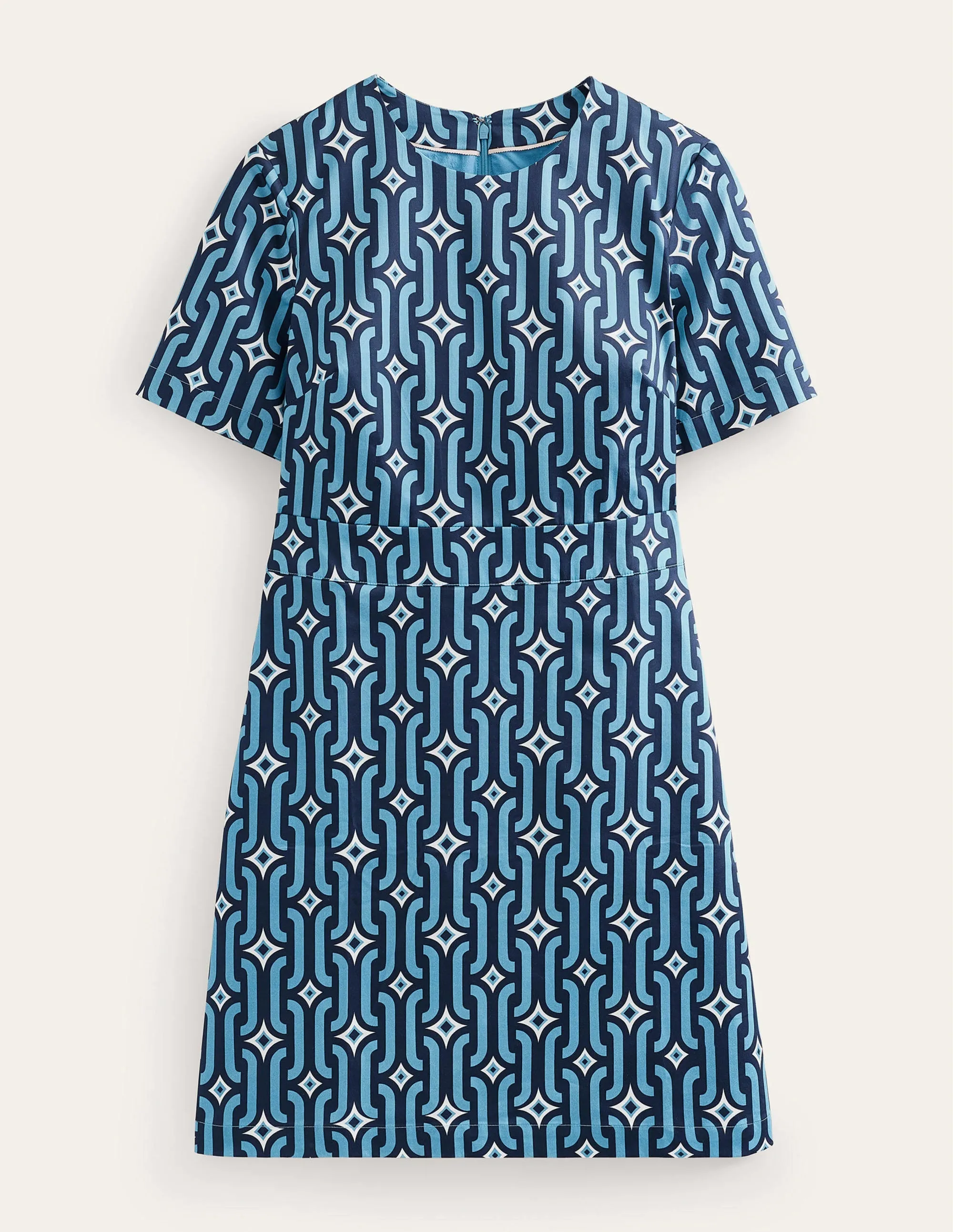 Cotton Mini Shift Dress-Delphinium Blue, Azure Geo