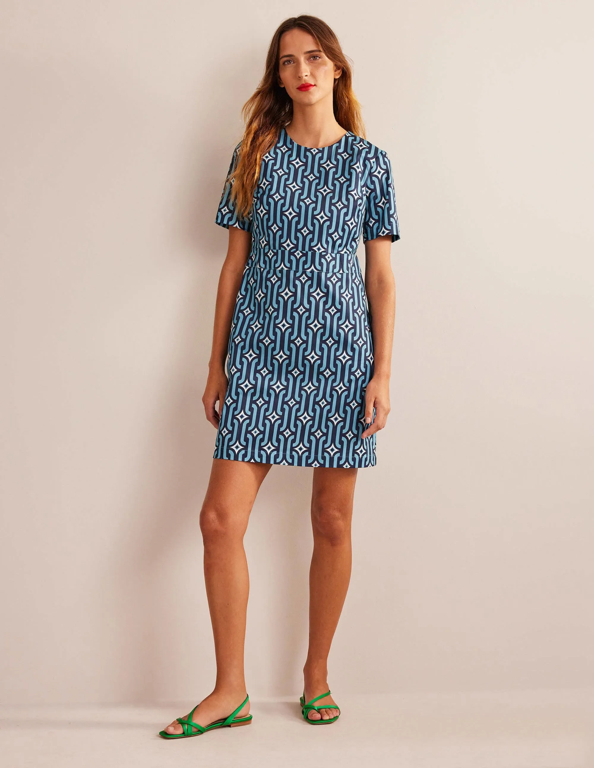 Cotton Mini Shift Dress-Delphinium Blue, Azure Geo