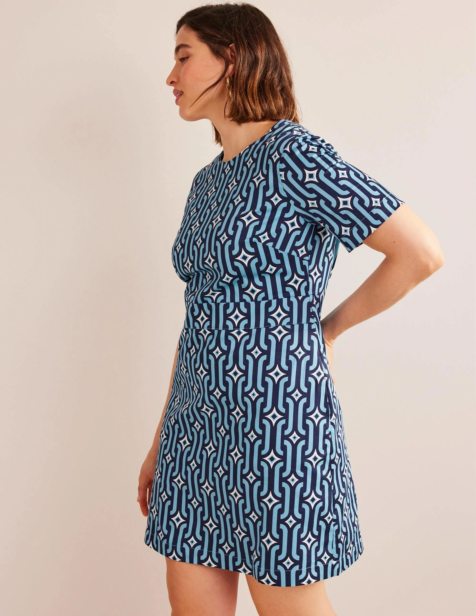 Cotton Mini Shift Dress-Delphinium Blue, Azure Geo