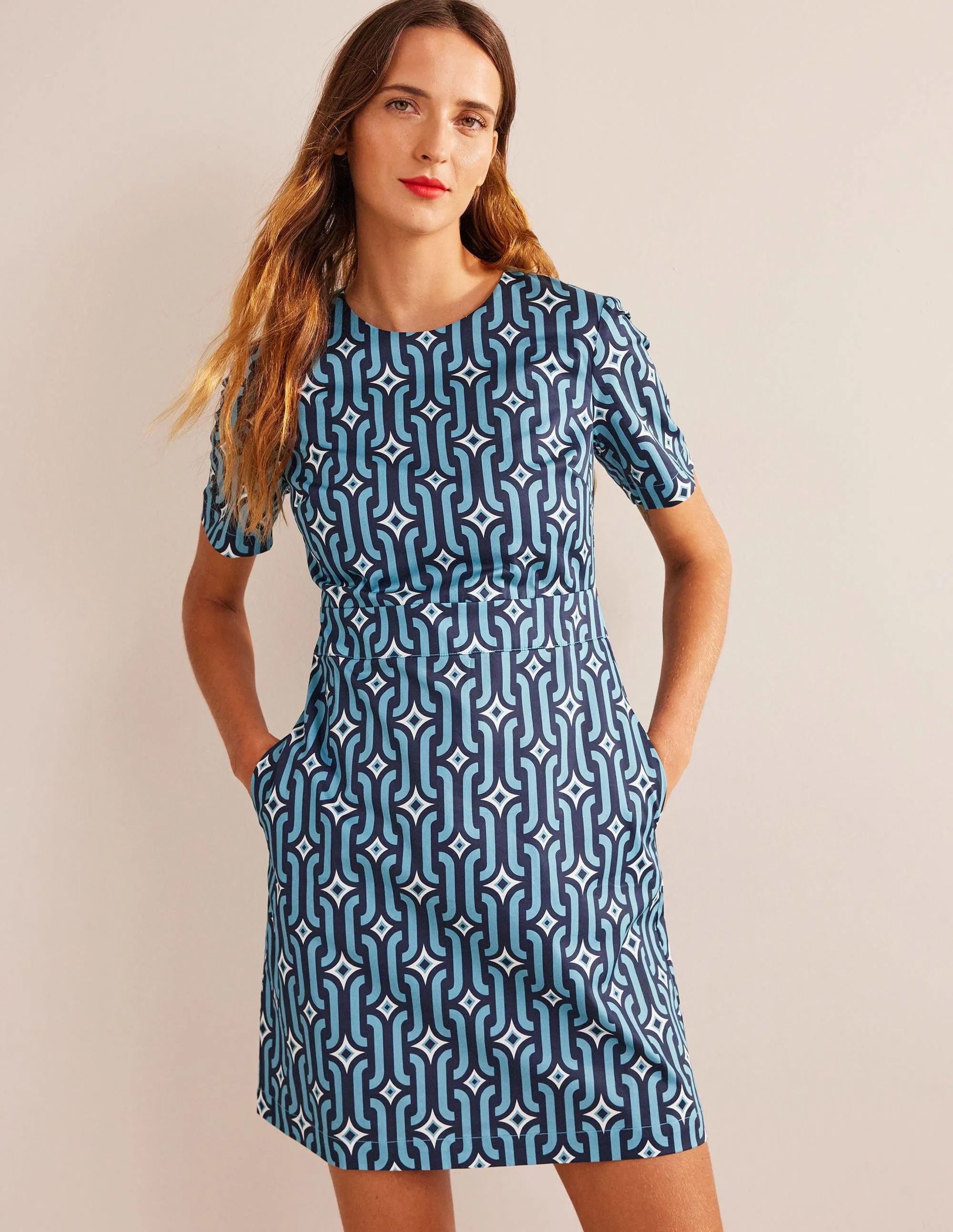 Cotton Mini Shift Dress-Delphinium Blue, Azure Geo