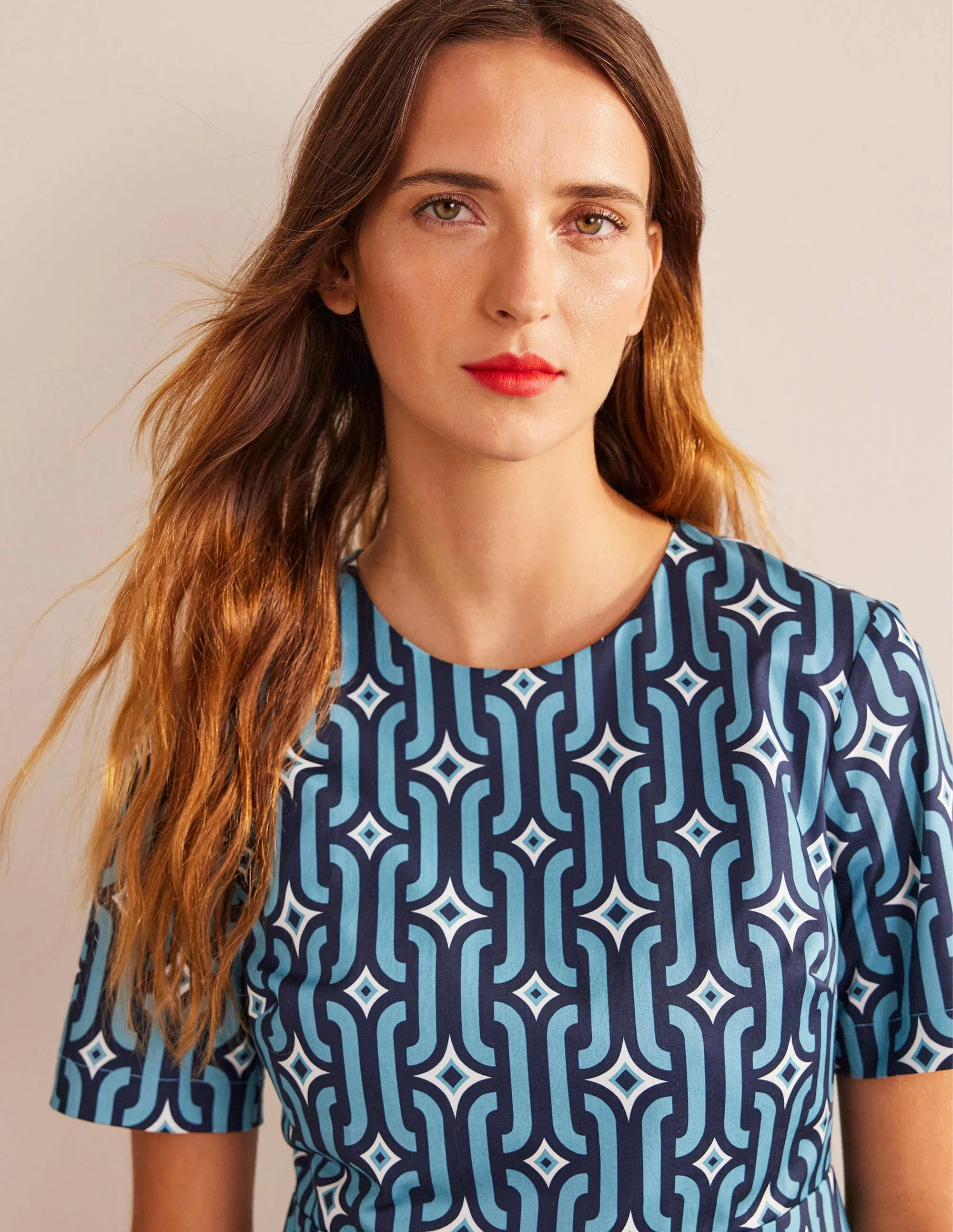 Cotton Mini Shift Dress-Delphinium Blue, Azure Geo