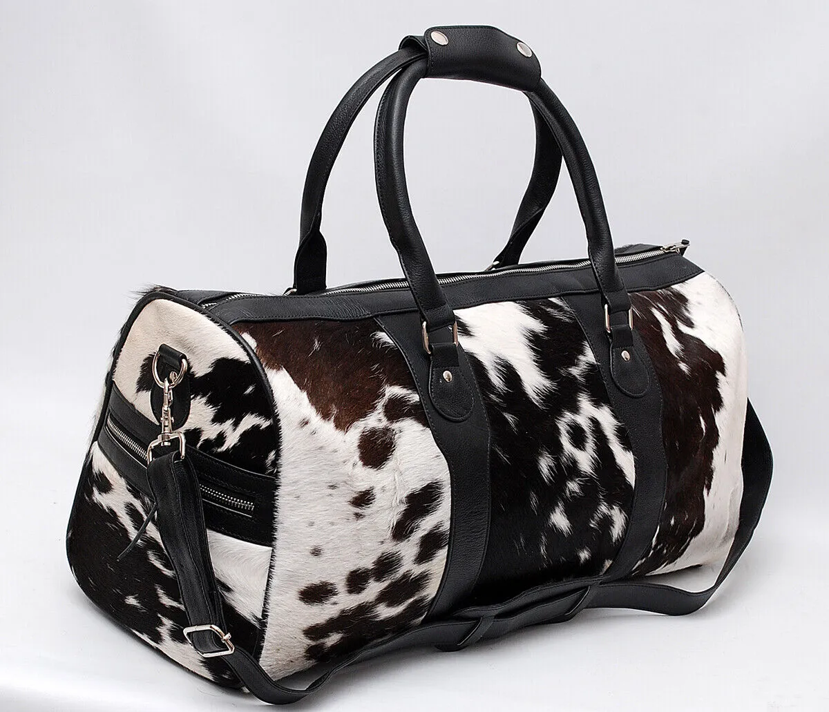 Cowhide Duffle Bag With Rivets Black White