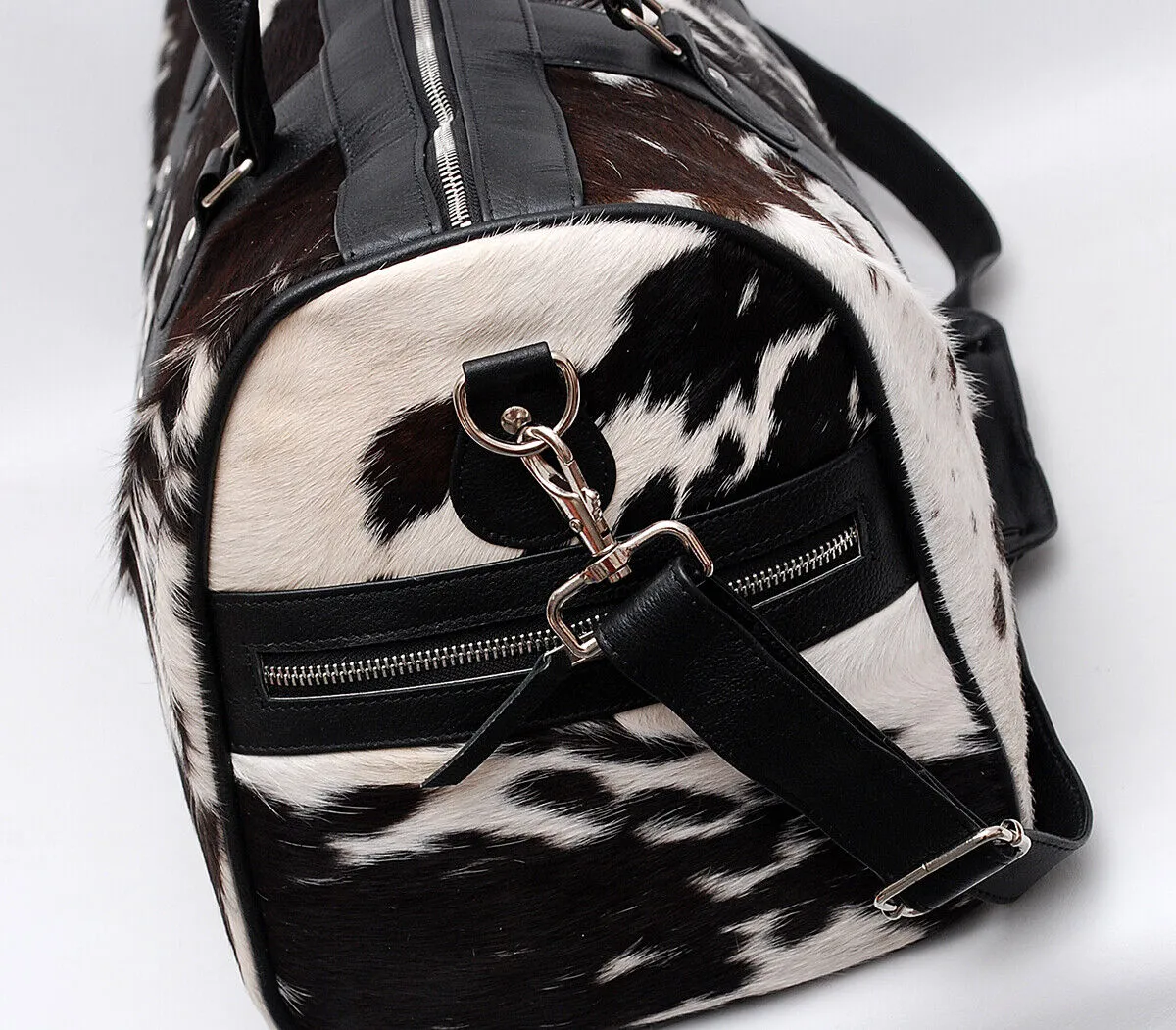 Cowhide Duffle Bag With Rivets Black White