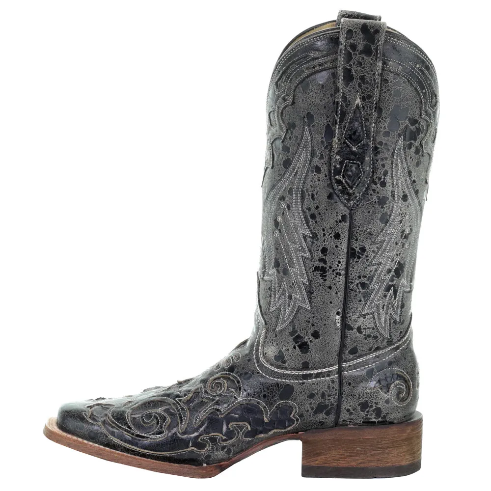 Distressed Embroidered Square Toe Cowboy Boots