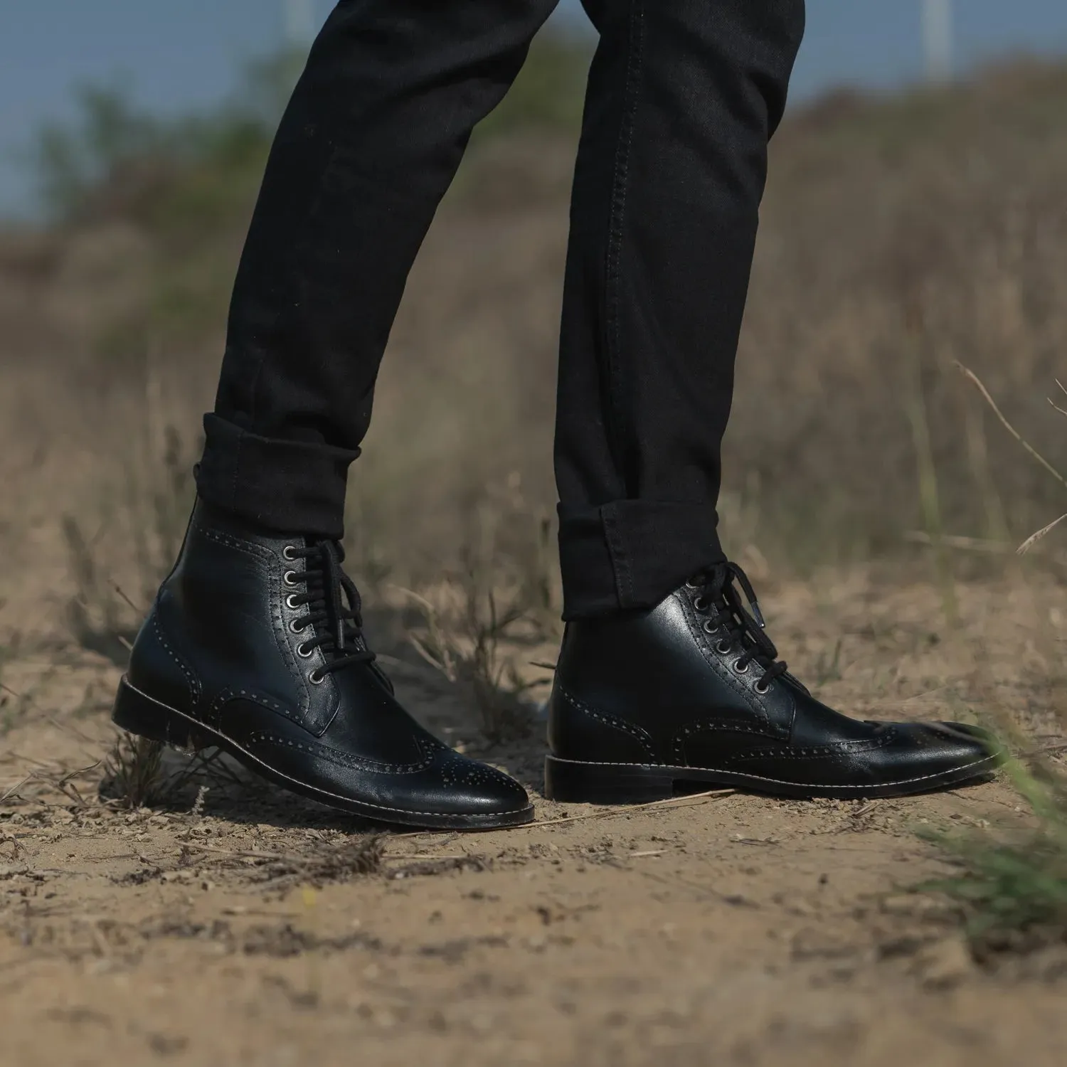 Duster Brogues Derby Black Leather Boots