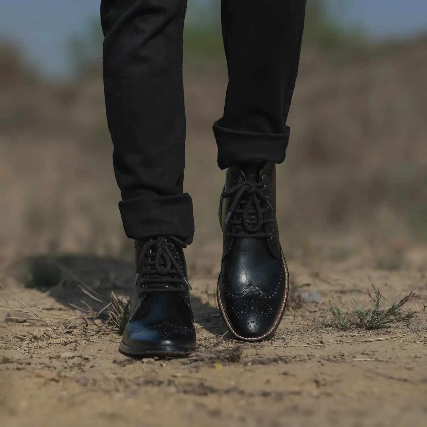 Duster Brogues Derby Black Leather Boots