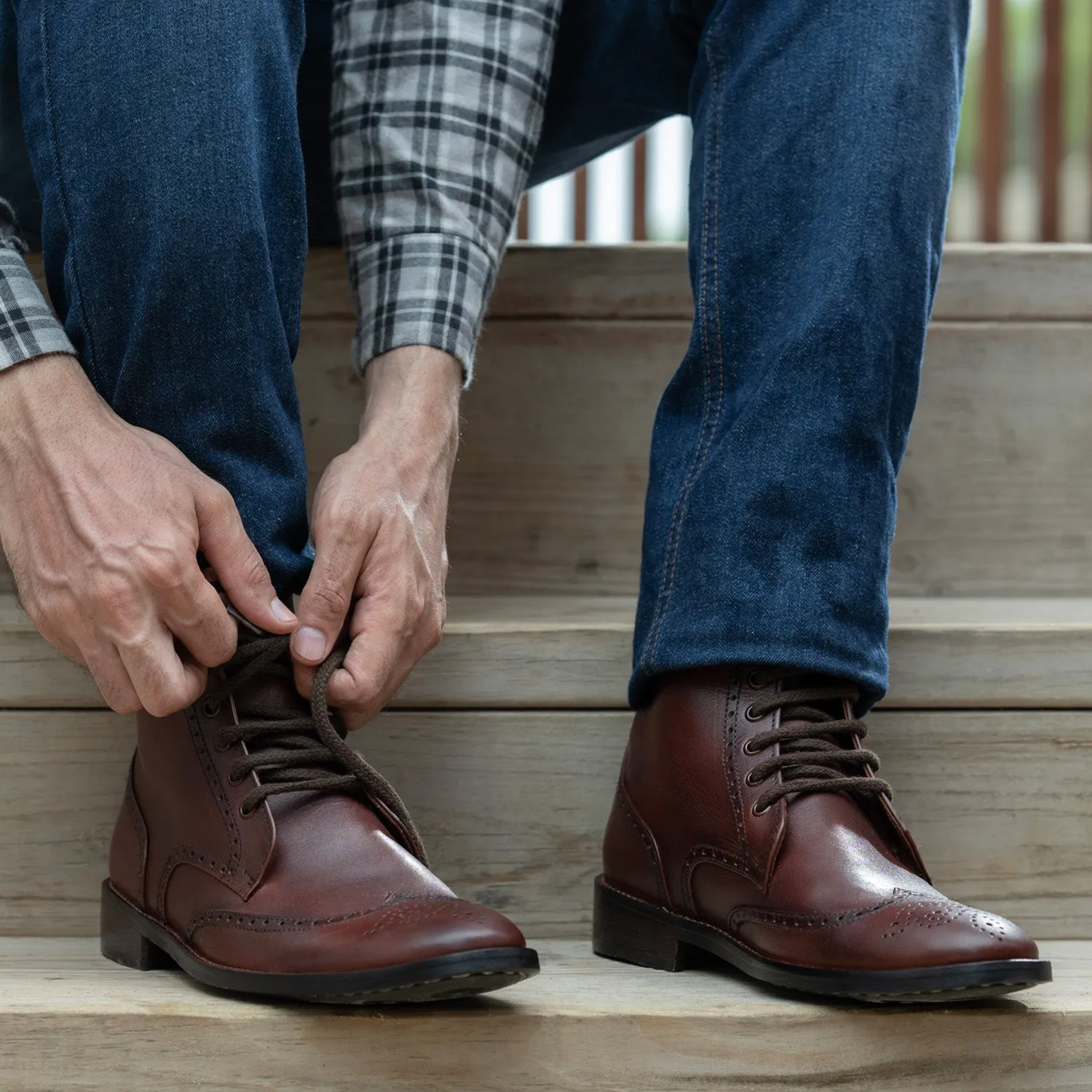 Duster Brogues Derby Brown Burnished Leather Boots - StudGuard