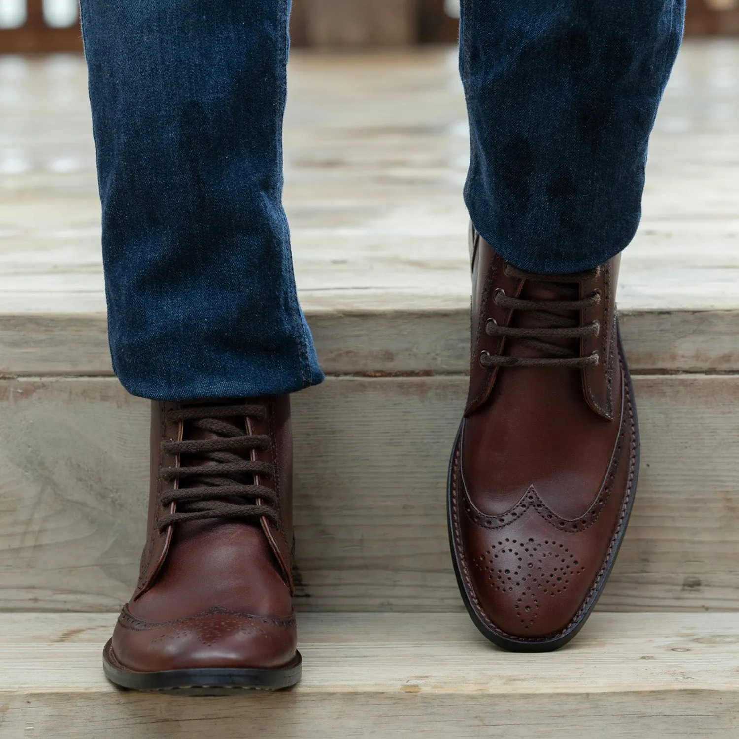 Duster Brogues Derby Brown Burnished Leather Boots - StudGuard