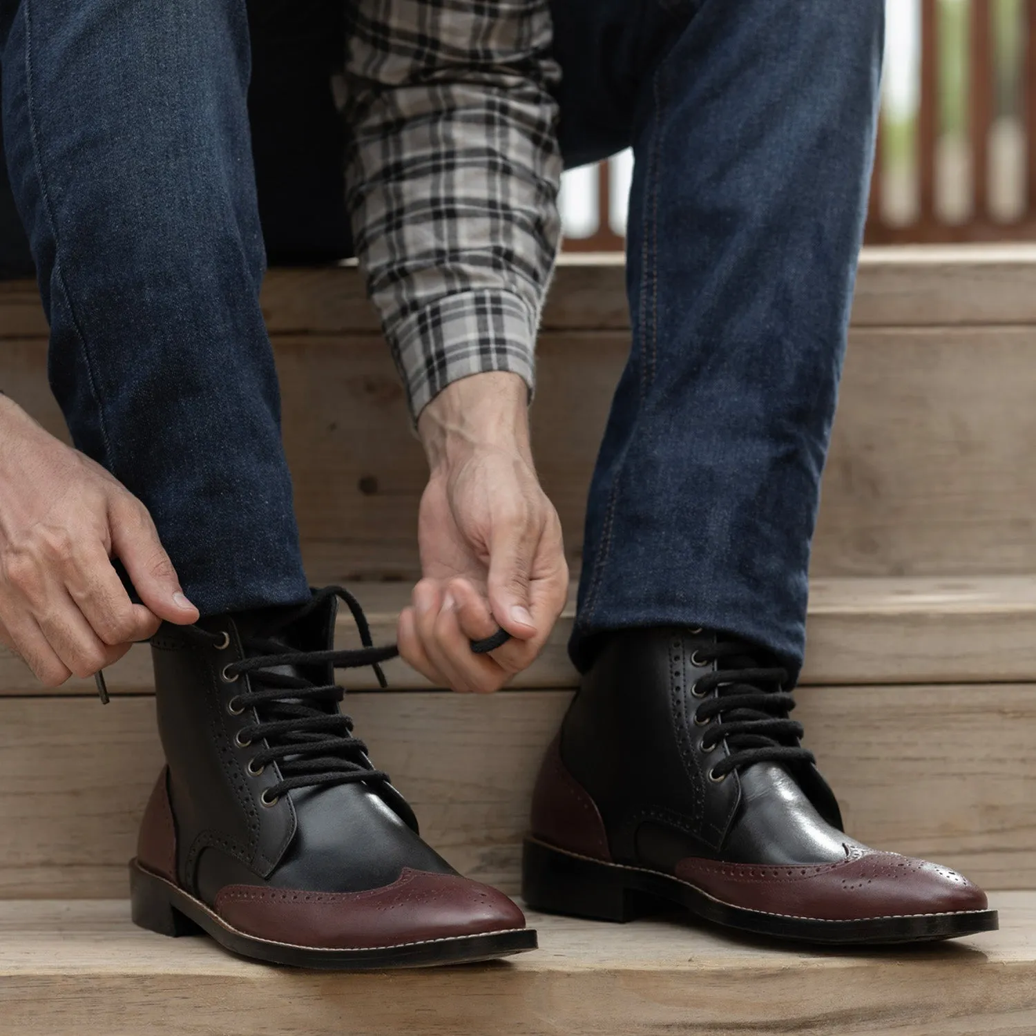 Duster Brogues Derby Maroon Black Leather Boots - StudGuard