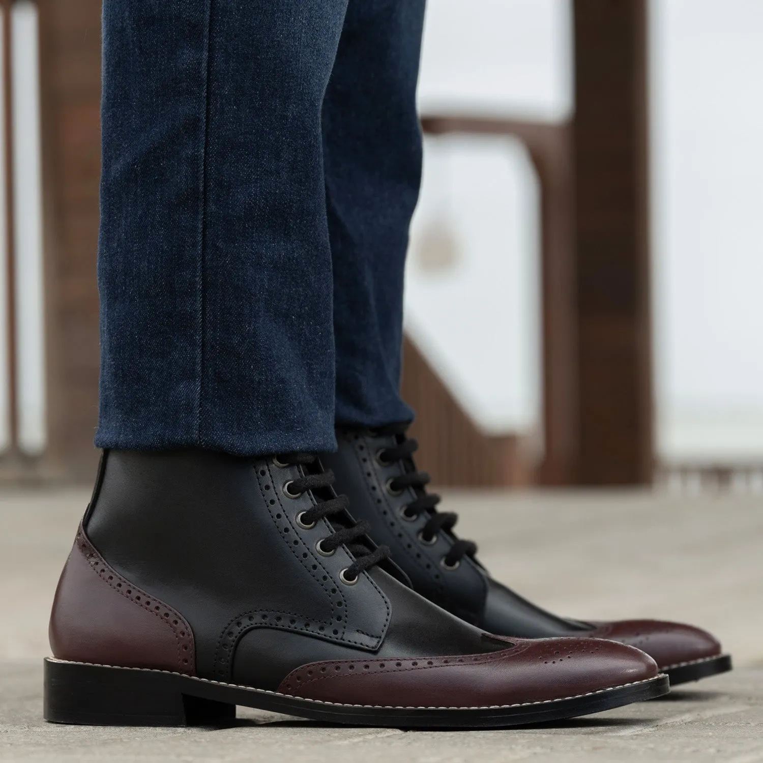 Duster Brogues Derby Maroon Black Leather Boots - StudGuard