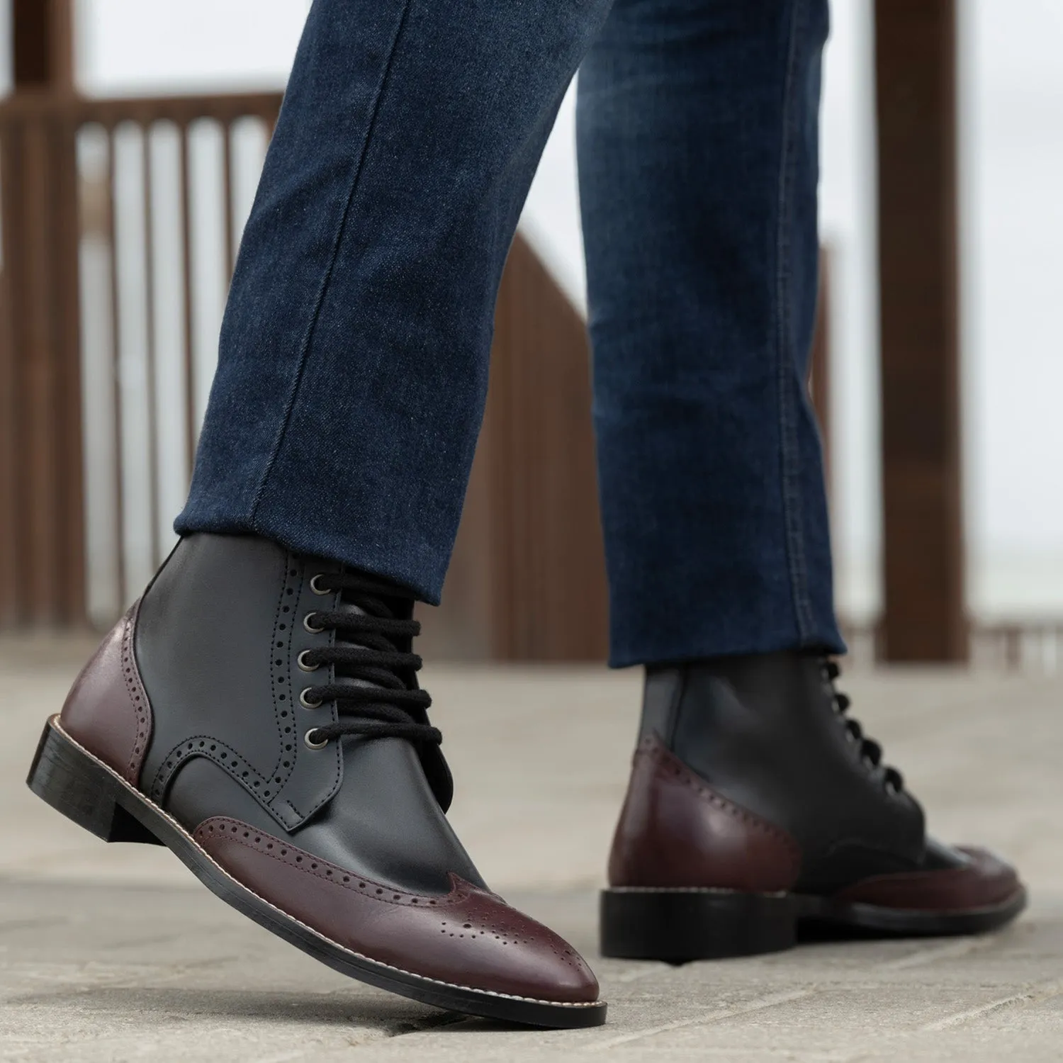 Duster Brogues Derby Maroon Black Leather Boots - StudGuard