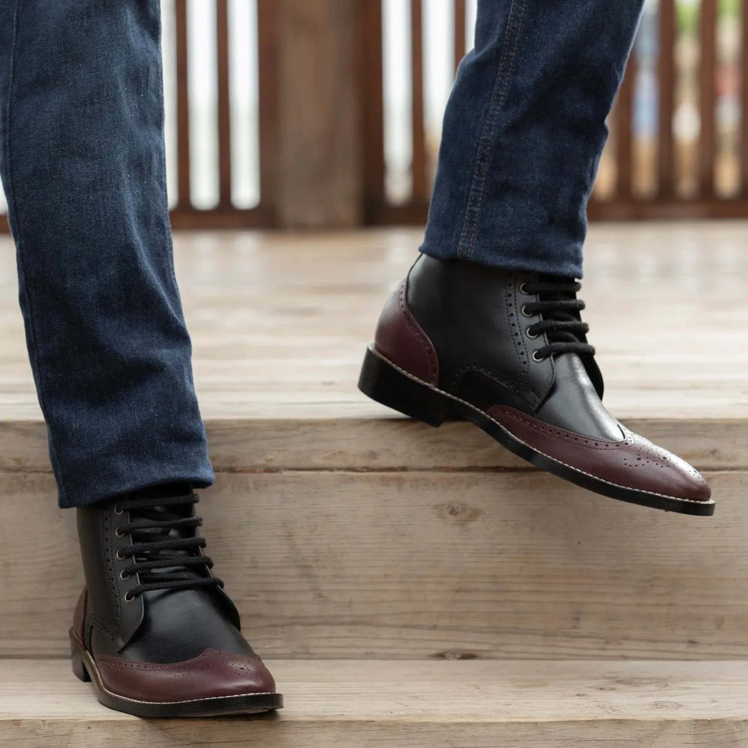 Duster Brogues Derby Maroon Black Leather Boots - StudGuard