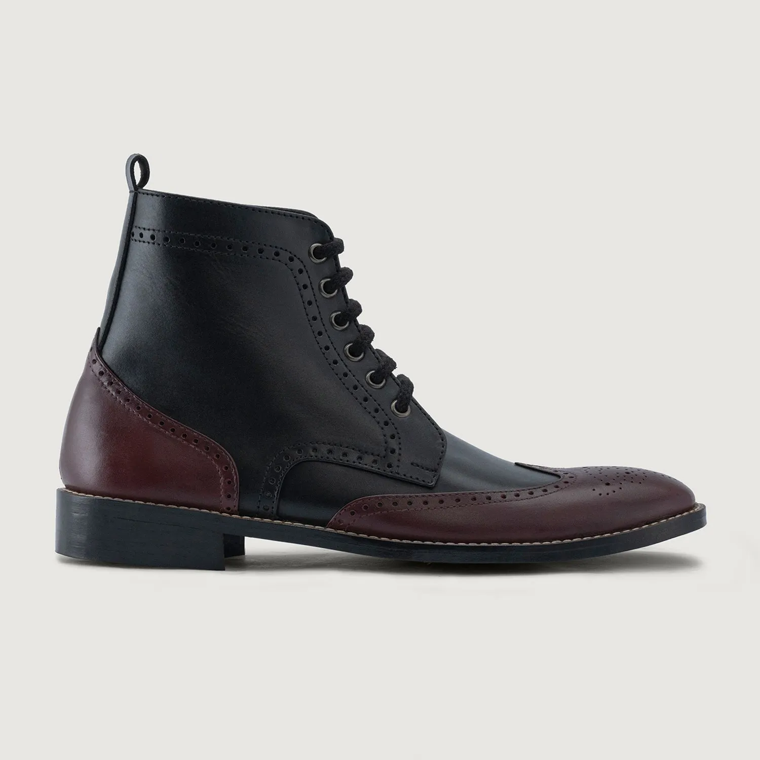 Duster Brogues Derby Maroon Black Leather Boots - StudGuard