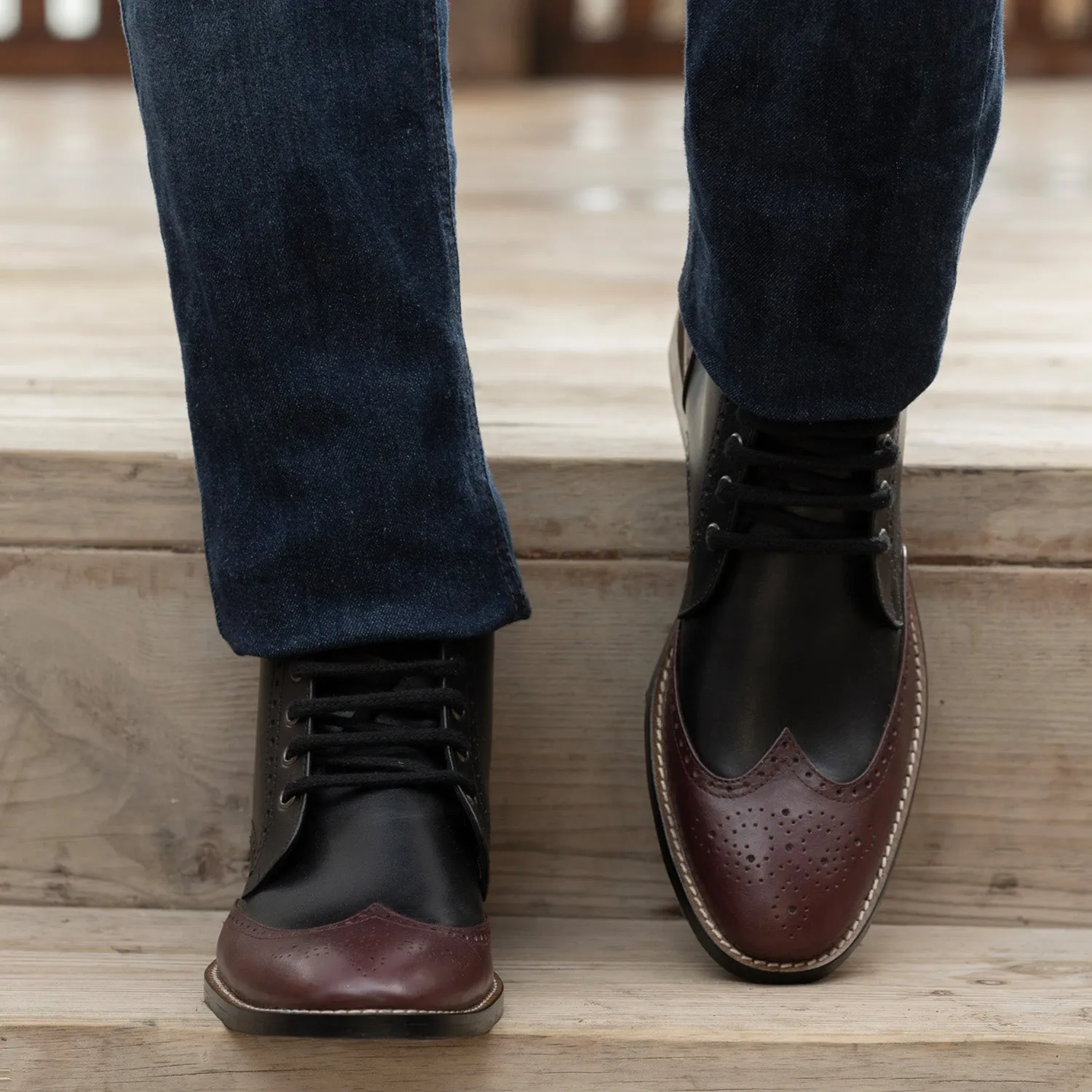 Duster Brogues Derby Maroon Black Leather Boots - StudGuard