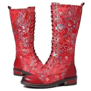 Floral Embossed Lace-Up Boots