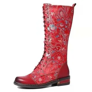 Floral Embossed Lace-Up Boots