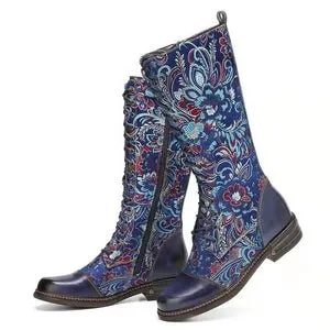 Floral Embossed Lace-Up Boots