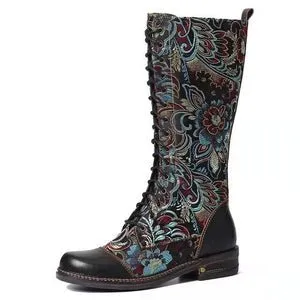 Floral Embossed Lace-Up Boots