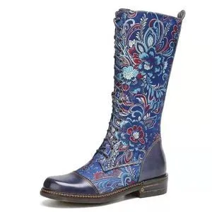 Floral Embossed Lace-Up Boots