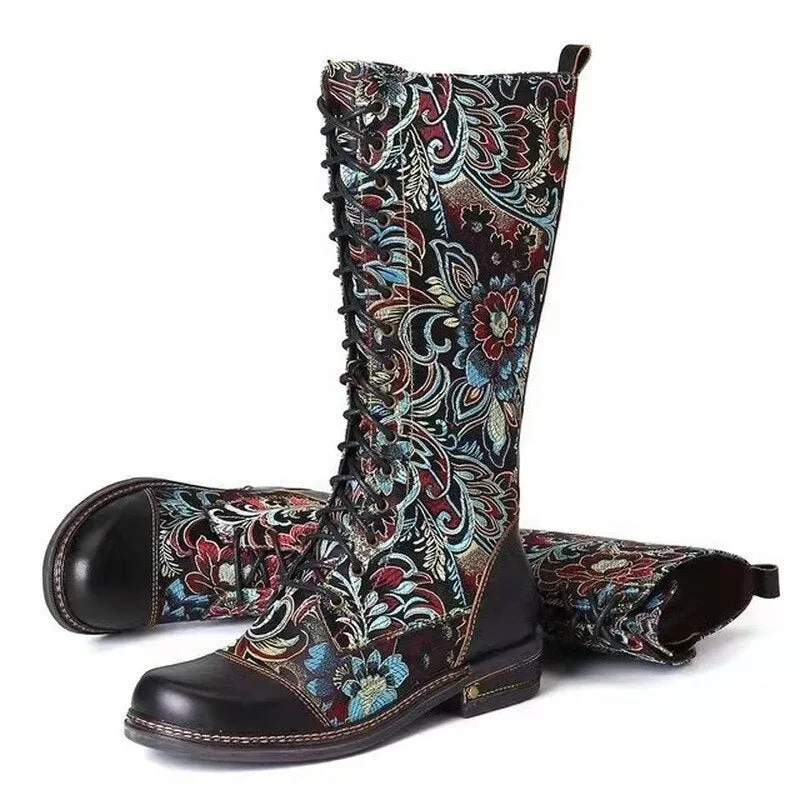 Floral Embossed Lace-Up Boots